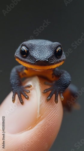 Charming blue gecko perched on finger in detailed close-up picture