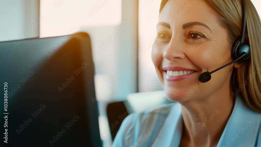 Smiling customer service representative with headset in office environment Smiling customer service representative with headset in office environment