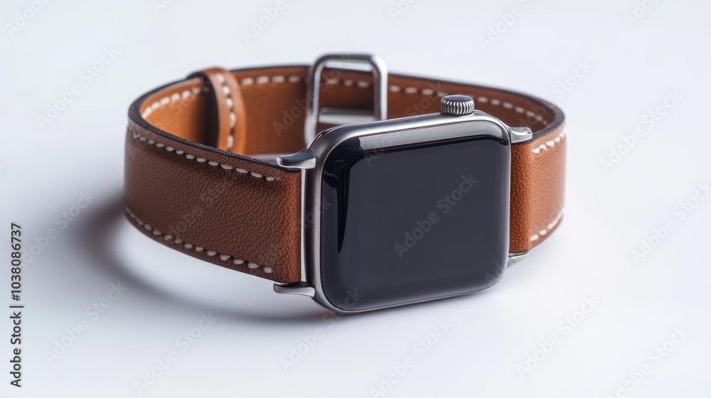 Smartwatch with brown leather band and modern black screen on a white background. Generative AI Smartwatch with brown leather band and modern black screen on a white background. Generative AI