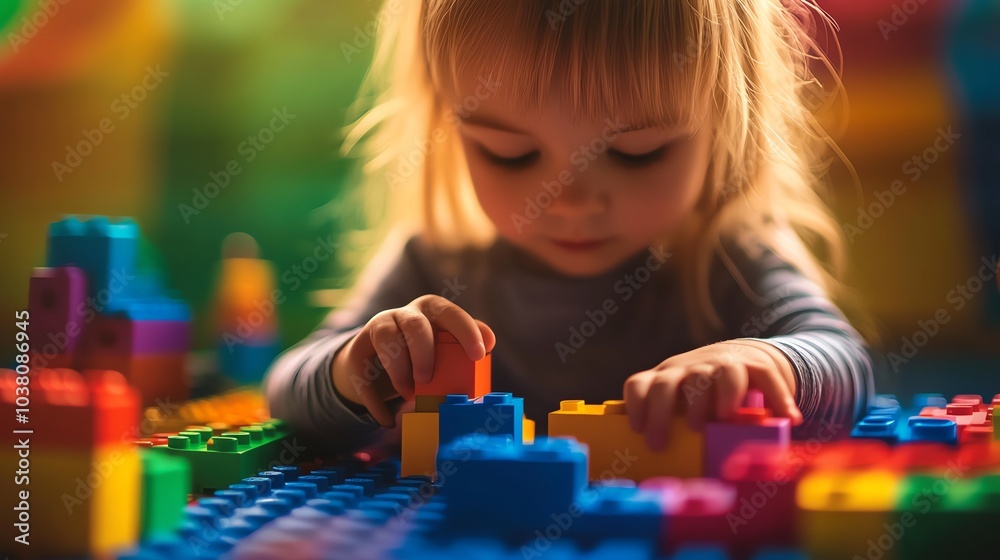 A young girl plays with colorful building blocks. A young girl plays with colorful building blocks.