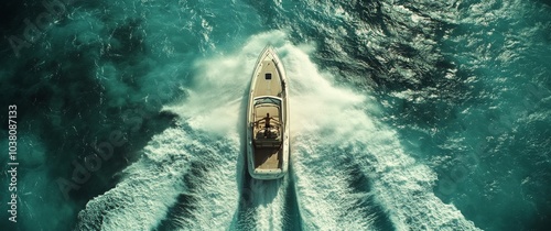 Fast motorboat navigating through turquoise waters during daylight in a coast...
