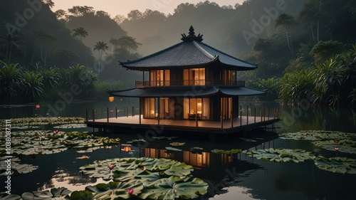 A traditional Chinese house, illuminated from within, sits on a small lake surrounded by lush vegetation and water lilies.  The house is reflected in the calm  photo