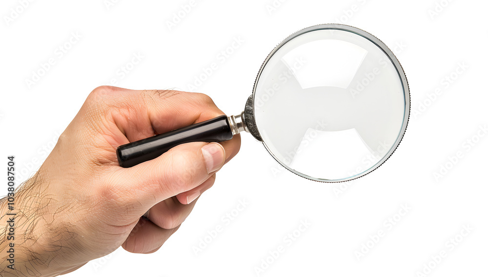 A hand holding a magnifying glass is isolated against a white background A hand holding a magnifying glass is isolated against a white background