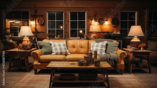 A cozy living room with a leather sofa, wooden furniture, and warm lighting.