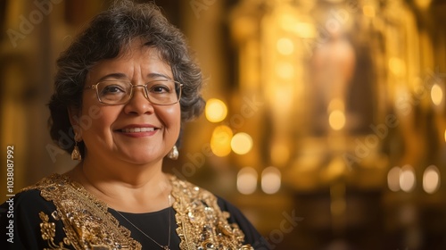 Portrait of smiling woman with glasses, ornate attire, warm background photo