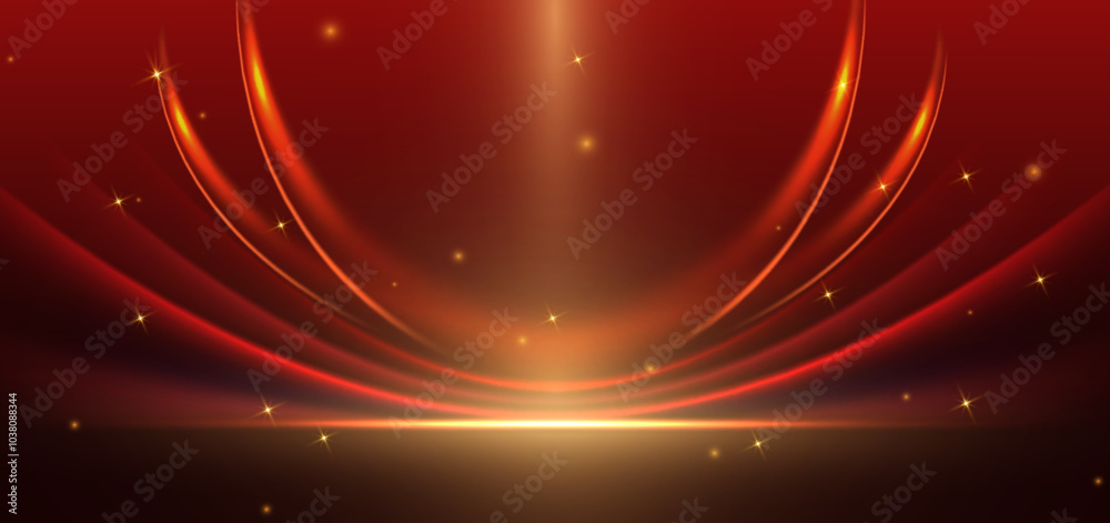 Fototapeta premium Abstract elegant red curved ray with gold lighting effect sparkle on dark red background. Template premium award design.