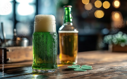 A refreshing green beverage sits on a wooden table with shamrock decorations ...