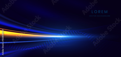 Abstract blue glowing rayn and dot lines curved on dark background.