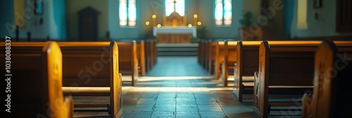 Interior of a quiet church with wooden pews leading to an altar in soft natur...