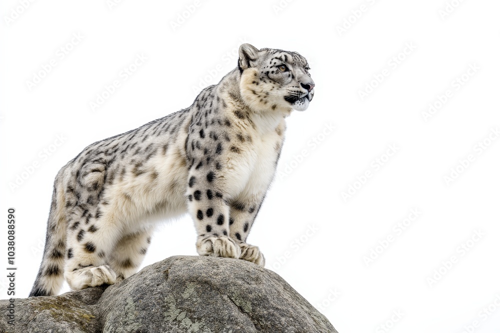 Striking profile portrait of a snow leopard on a rock with fierce expression against white backdrop isolated Striking profile portrait of a snow leopard on a rock with fierce expression against white backdrop isolated