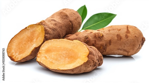 Fresh tamarind root crop with green leaves isolated on white background for food and culinary use. Generative AI