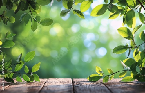 Bright green leaves with bokeh background on wooden surface in a serene outdo...