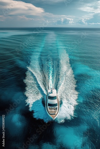 A boat gliding through crystal clear turquoise waters near rocky coastline du...