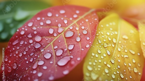 Vibrant autumn leaves glisten with raindrops under soft natural light in a se...