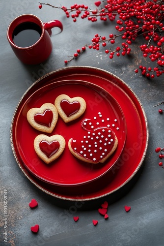 Cozy cup of coffee with heart shaped cookies on a festive red plate during wi...