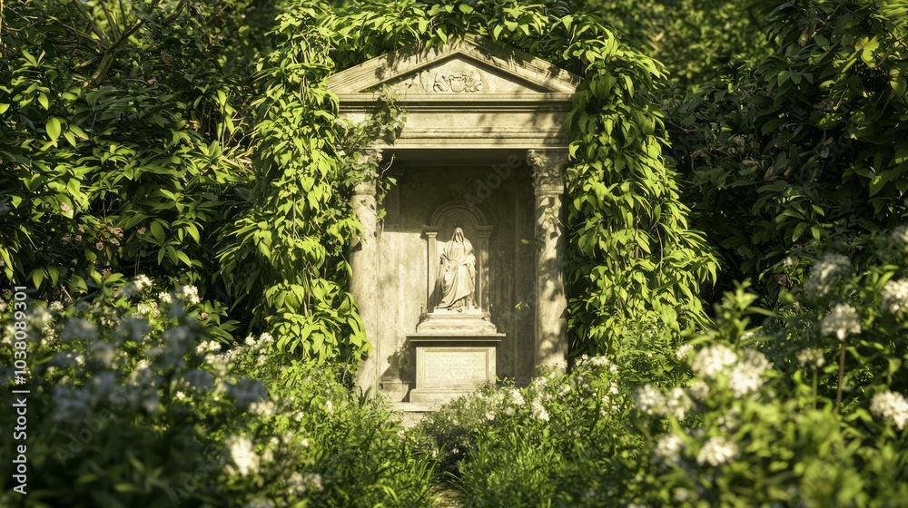Tranquil Tomb in Lush Garden Oasis - Peaceful Atmosphere with Blooming Flowers and Greenery | Ultra-Detailed Photography Tranquil Tomb in Lush Garden Oasis - Peaceful Atmosphere with Blooming Flowers and Greenery | Ultra-Detailed Photography