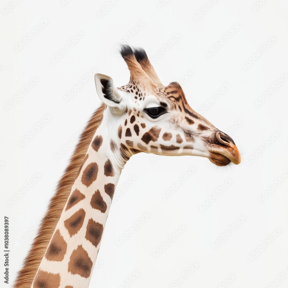 Graceful giraffe portrait with friendly expression, bending neck on minimalist white background Graceful giraffe portrait with friendly expression, bending neck on minimalist white background