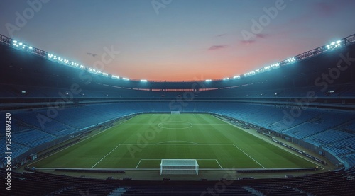A vibrant sunset over an empty stadium with bright lights illuminating the pitch