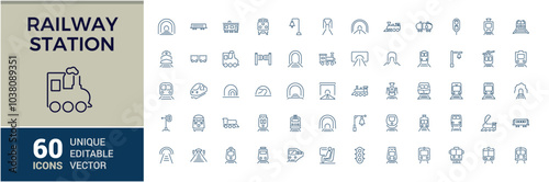 Railway outline icons. Train linear icon collection. Editable stroke. Train station icons bundle. Vector illustration.