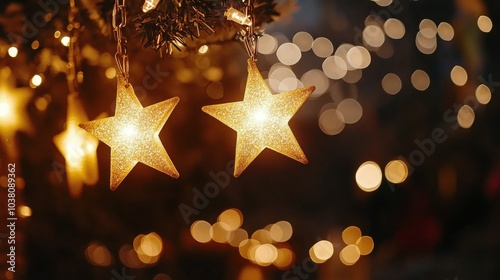 Glowing star decorations illuminate a charming evening garden setting with tw...