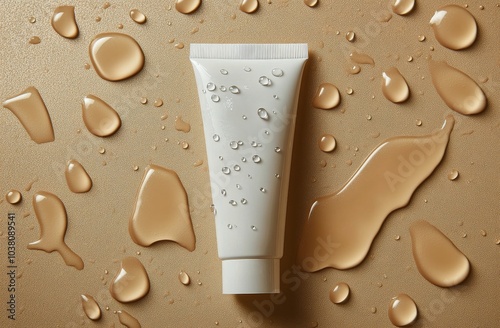 A tube of moisturizing cream surrounded by droplets on a smooth surface in a ...