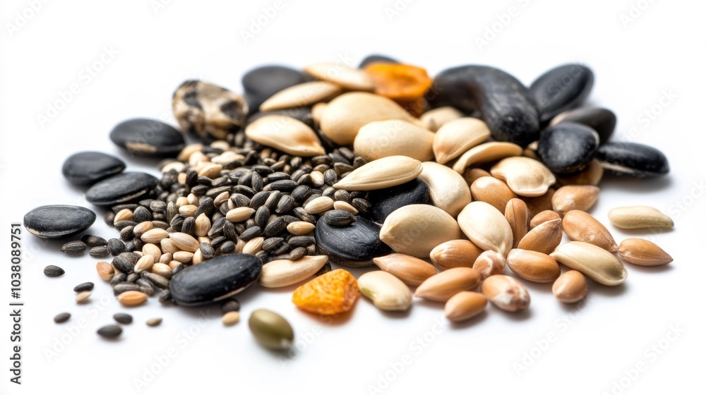 Mixed vegetable seeds including sunflower and pumpkin seeds on a white background close-up stock image for gardening and agriculture visuals. Generative AI