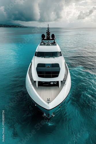 Luxury yacht cruising through calm waters under an overcast sky at sea
