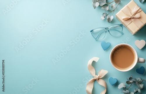 A cozy setup with a cup of coffee, gift, and decorative elements on a blue ba...