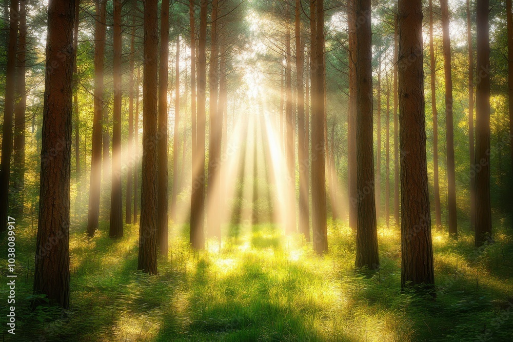 Fototapeta premium morning in the woods of the green trees