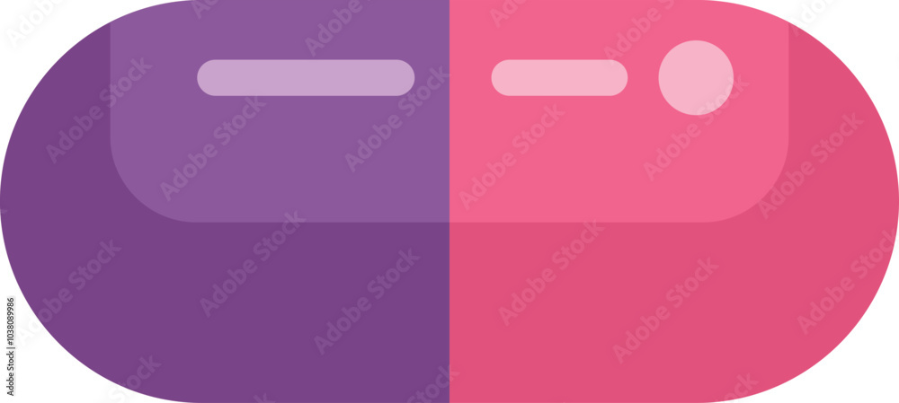 Pink and purple pill is lying horizontally on a white background Pink and purple pill is lying horizontally on a white background