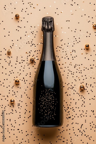 Elegant black champagne bottle surrounded by festive golden confetti on a lig...