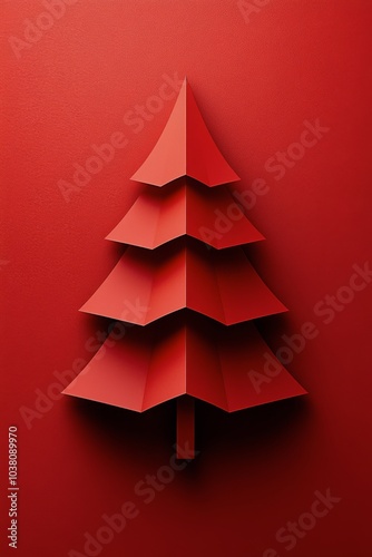 Red paper Christmas tree art displayed on a vibrant red background during the...