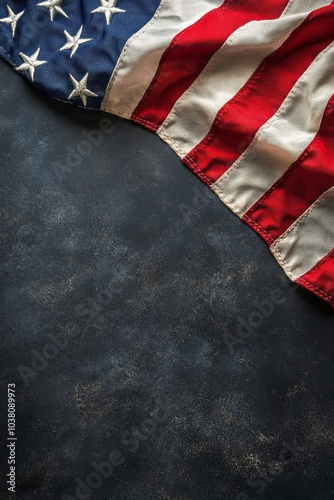 Worn American flag displayed artistically against a dark background in a sere...