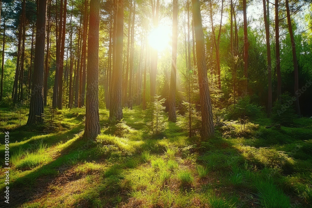 Fototapeta premium sun rays through the forest on the herbal on the earth