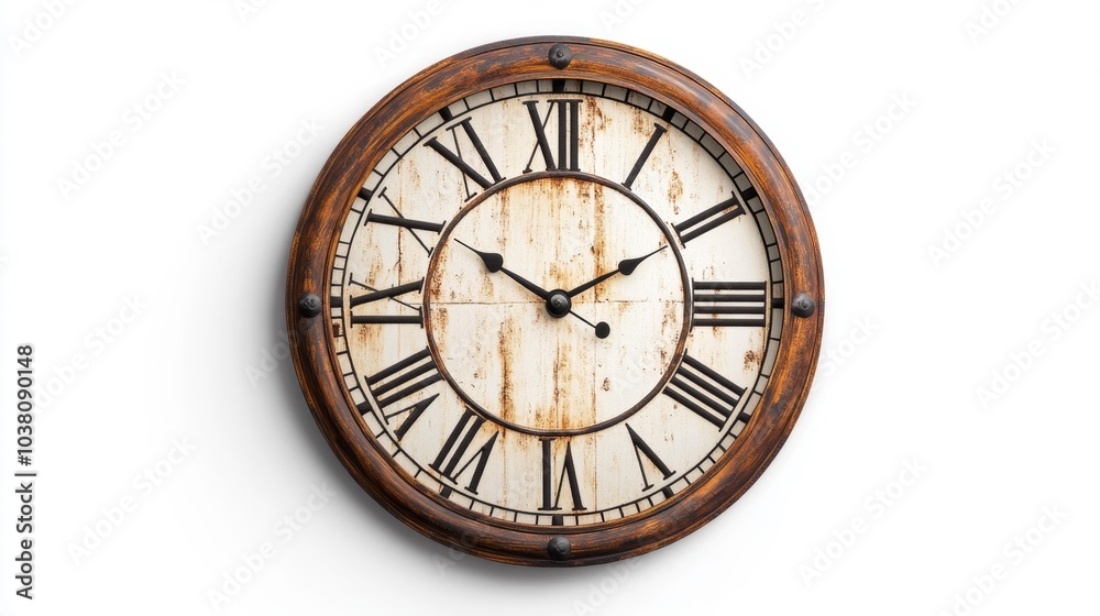 Antique wall clock with Roman numerals and a rustic wooden frame on a white background. Generative AI