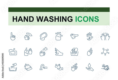 Hands washing icon set. Hygiene and hand cleaning icons for web. Line stroke. Contains such Icons as Washing Instruction, Antiseptic, Soap and more.