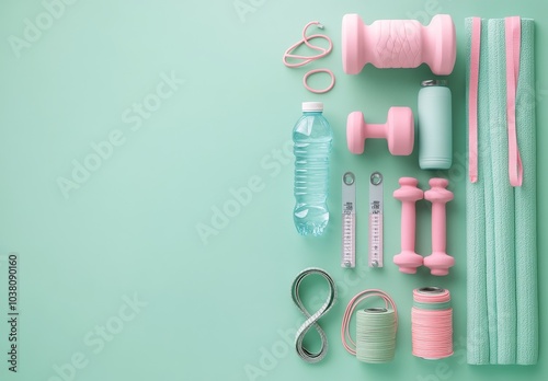 Fitness equipment laid out on a mint green background for a home workout setup