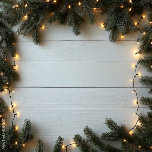 Winter holiday decoration with snow covered pine branches and warm lights on ...