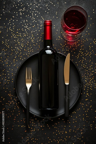 Elegant table setting with black plate and wine for a special occasion