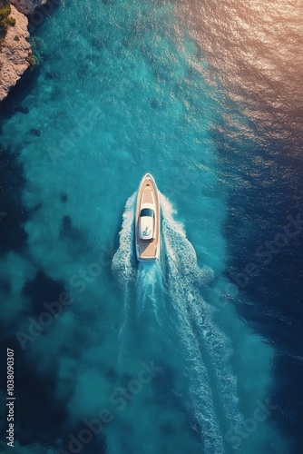 A boat gliding through crystal clear turquoise waters near rocky coastline du...