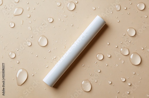 A white chalk stick resting on a smooth surface with droplets of water scatte...