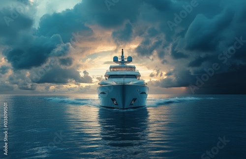 A luxurious yacht sailing in dark waters under a dramatic stormy sky at twilight