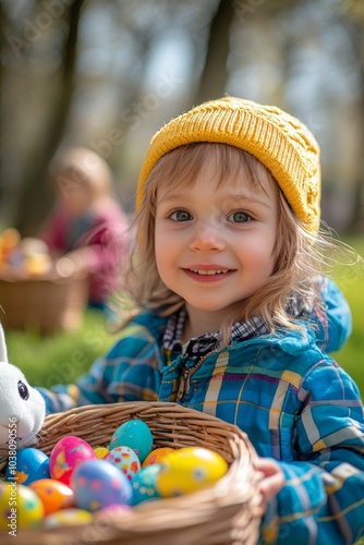 Children enjoy an Easter egg hunt in a sunny park, surrounded by colorful egg...