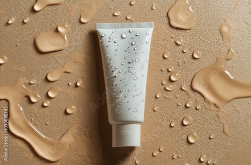 A tube of moisturizing cream surrounded by droplets on a smooth surface in a ...