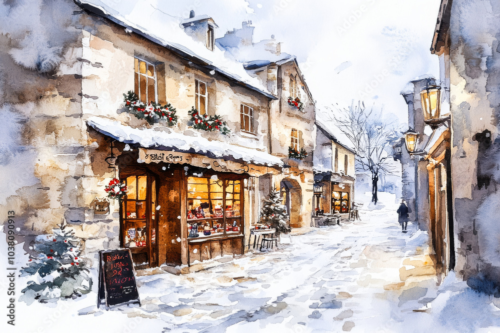 Fototapeta premium Christmas Cobblestone Street. Generated image. A digital illustration in a watercolor painting style of a charming cobblestone street with shops displaying Christmas holiday wares in their windows.