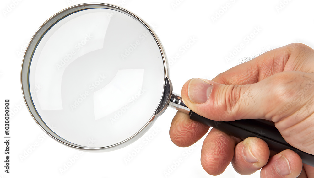 A hand holding a magnifying glass is isolated on a white background A hand holding a magnifying glass is isolated on a white background