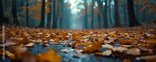Autumn leaves blanket a serene forest trail in late afternoon sunlight