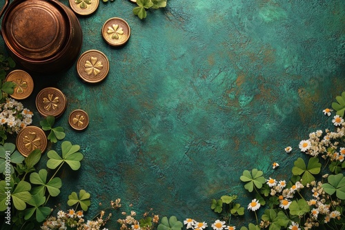 Green background with coins and flowers creating a festive St Patricks Day at...