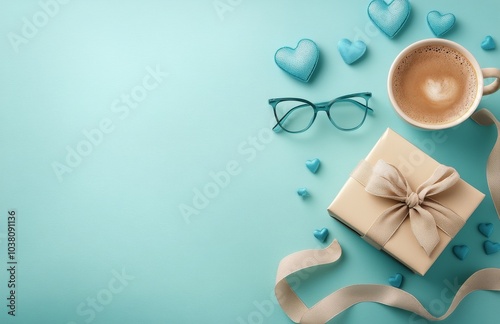 A cozy setup with a cup of coffee, gift, and decorative elements on a blue ba...