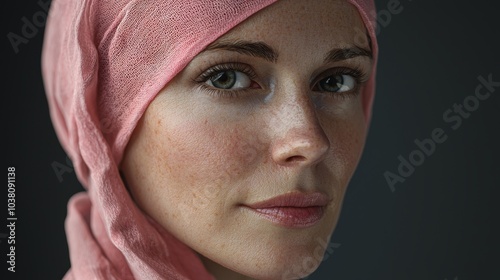 Portrait of Woman Wearing Pink Headscarf Breast Cancer Awareness